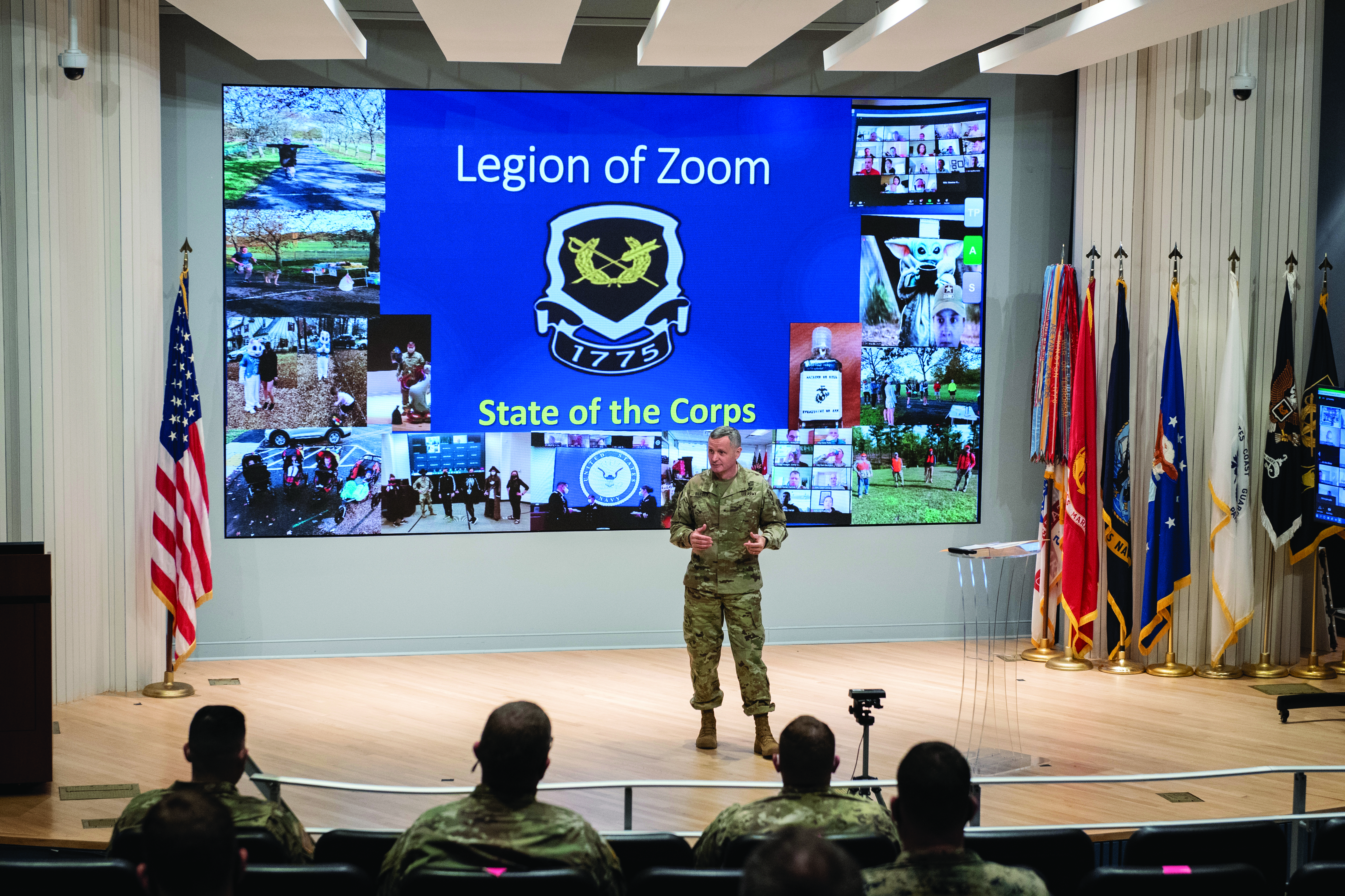Brigadier General Joseph Berger addresses the 69th Graduate Course about the State of the Corps in April 2021 in Charlottesville, Virginia. (Credit: Jason
        Wilkerson, TJAGLCS)